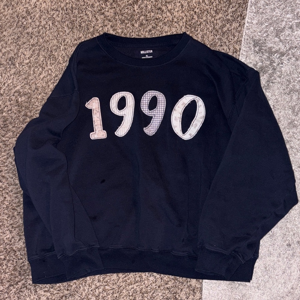 Hollister Women’s Navy Crewneck w 1990 Patchwork Design
